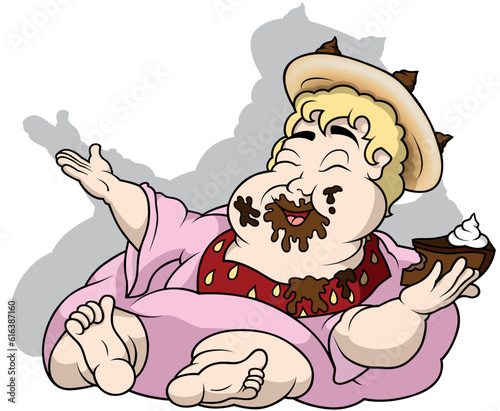 Fat King of Sweets in a Pink Clothes with a Cake in his Hand