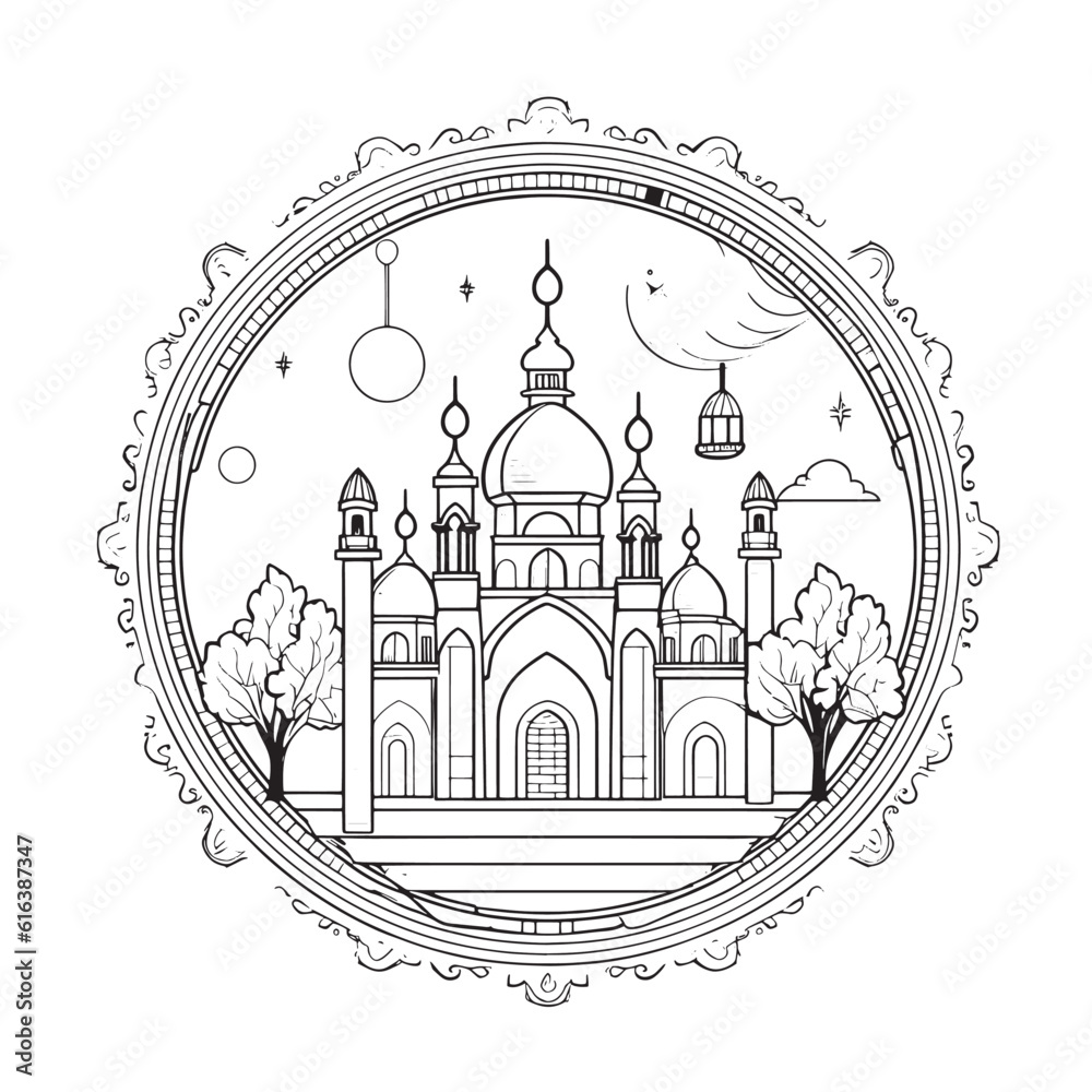 Eid al Adha mosque outline drawing vactor 