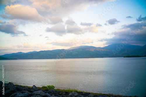 Mountain river sunset sky with cloud dam nature landscape