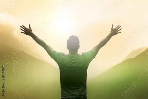 Happy young man standing in a natural sunrise with raising arms