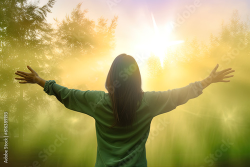 Happy young woman standing in a natural sunrise with raising arms