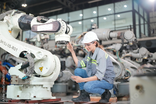 Female Automotive Engineer Wearing Hard Hat, Standing, Using Laptop. Monitoring, Control, Equipment Production. Automated Robot Arm Assembly Line Manufacturing Electric Vehicle