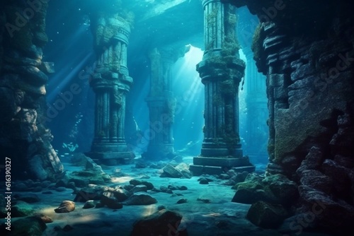 A scuba diver discovers the lost city of Atlantis conceptual theme. Generative AI