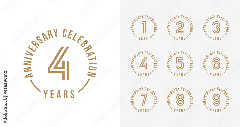 Set of anniversary logo design. 1, 2, 3, 4, 5, 6, 7, 8, 9, birthday symbol with minimalist style