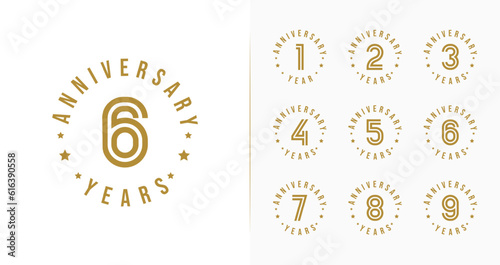 Set of anniversary logo design. 1, 2, 3, 4, 5, 6, 7, 8, 9, birthday symbol with luxury style