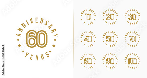 Set of anniversary logo design. 10, 20, 30, 40, 50, 60, 70, 80, 90, 100, birthday symbol with luxury style