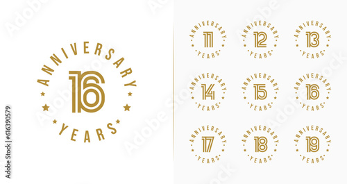 Set of anniversary logo design. 11, 12, 13, 14, 15, 16, 17, 18, 19, birthday symbol with luxury style