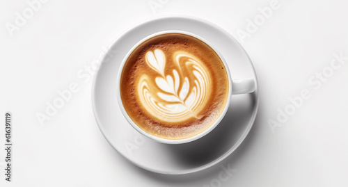 Top view of hot coffee cappuccino cup with milk foam isolated on white background  clipping path included. Generative AI