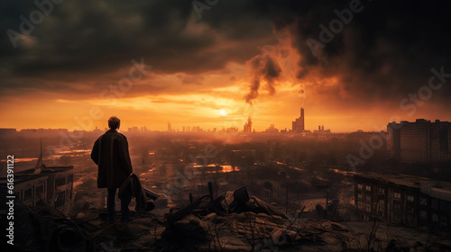 photo shoot, postapocalyptic end of the world, sunset, burning city. Generative AI © VSzili