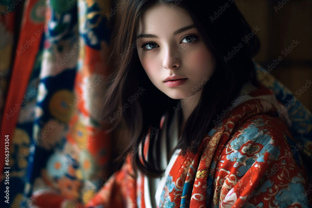 Asian woman wearing traditional japanese kimono. AI generative.