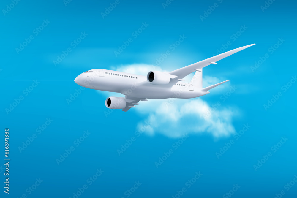 Obraz premium 3d plane flight takeoff in sky vector concept