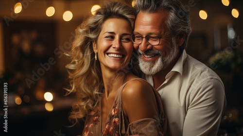 In the kitchen, a joyful, mature middle-aged couple and their parents dance together.