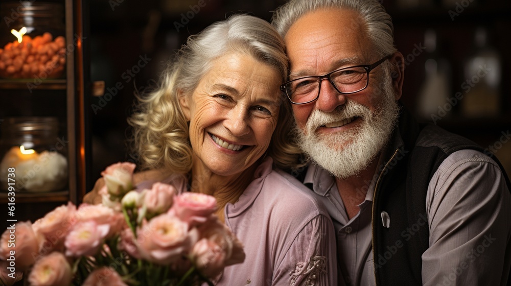 Seniors hugging and enjoying their retirement together at home.