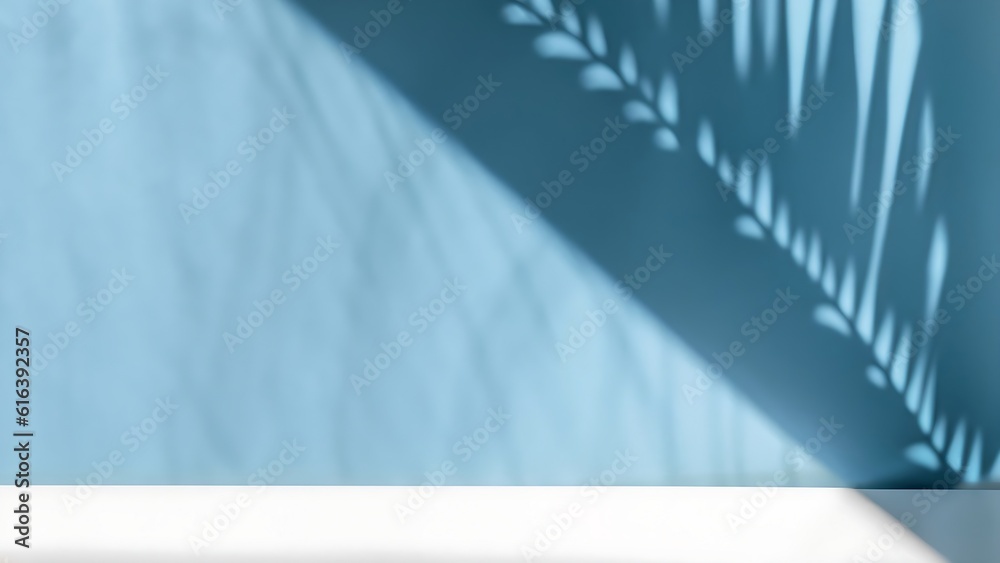 Blue Minimal white abstract light blue background for product presentation. Shadow of tropical leaves and curtains window on plaster wall. Blue Minimal white abstract light blue background for product presentation. Shadow of tropical leaves and curtains window on plaster wall.