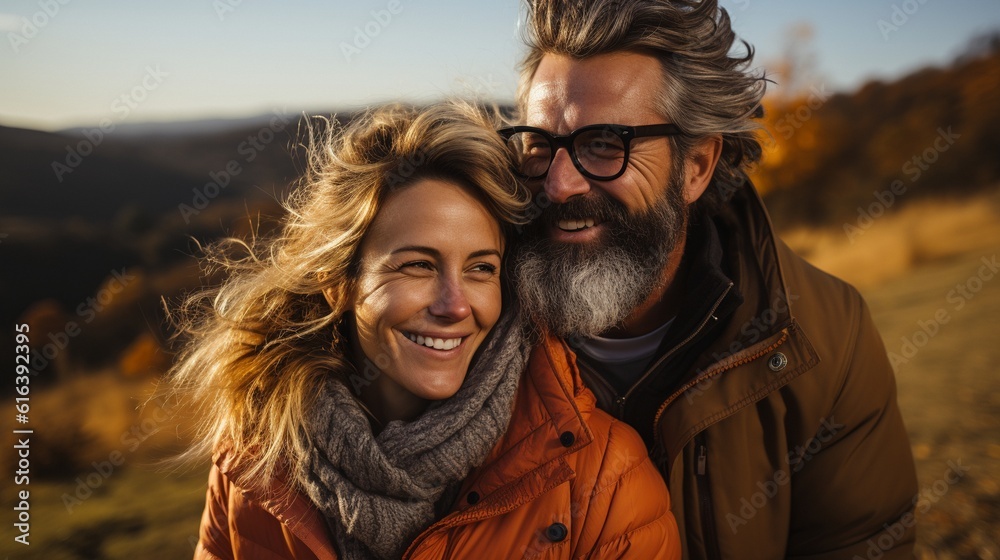 Laughing and piggybacking, a man and woman enjoy their retirement together in the wide outdoors. Laughing and piggybacking, a man and woman enjoy their retirement together in the wide outdoors.