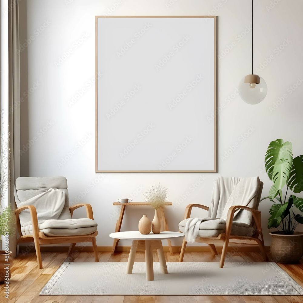 a mockup of an empty, blank poster, frame empty, in a bohemian Living Room with generative Ai. a mockup of an empty, blank poster, frame empty, in a bohemian Living Room with generative Ai.