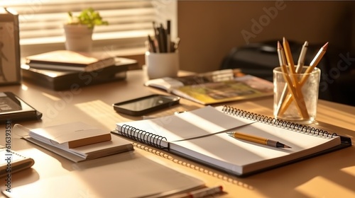 Organized clean desk stationary workspace generative ai
