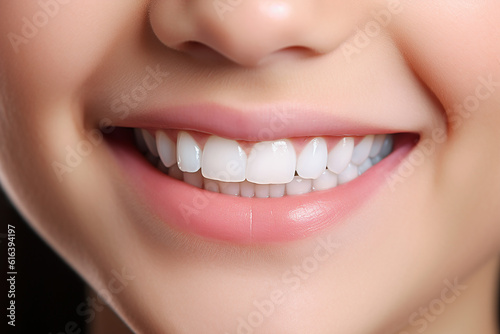Perfect white skin toddler smile with beautiful white milk tooth. Generative AI