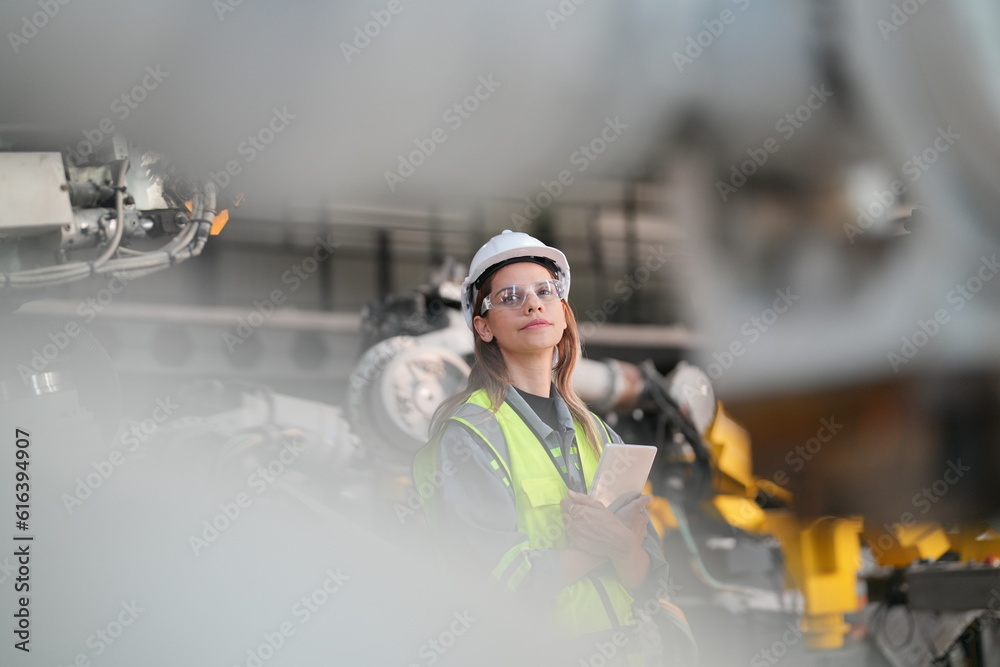 Fototapeta premium Female industrial engineer working at automated AI robotic production factory..