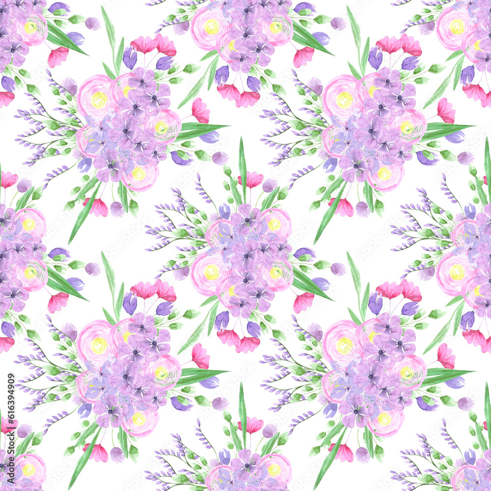 Abstract flowers. Hand drawn watercolor bouquet seamless pattern isolated on white background. Can be used for textile, wrapping, fabric.