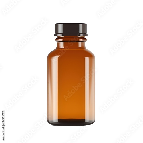 Blank amber pharmaceutical medical bottle with black cap isolated on transparent. Generative AI.