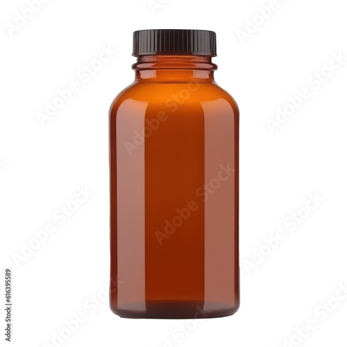 Blank amber pharmaceutical medical bottle with black cap isolated on transparent. Generative AI.
