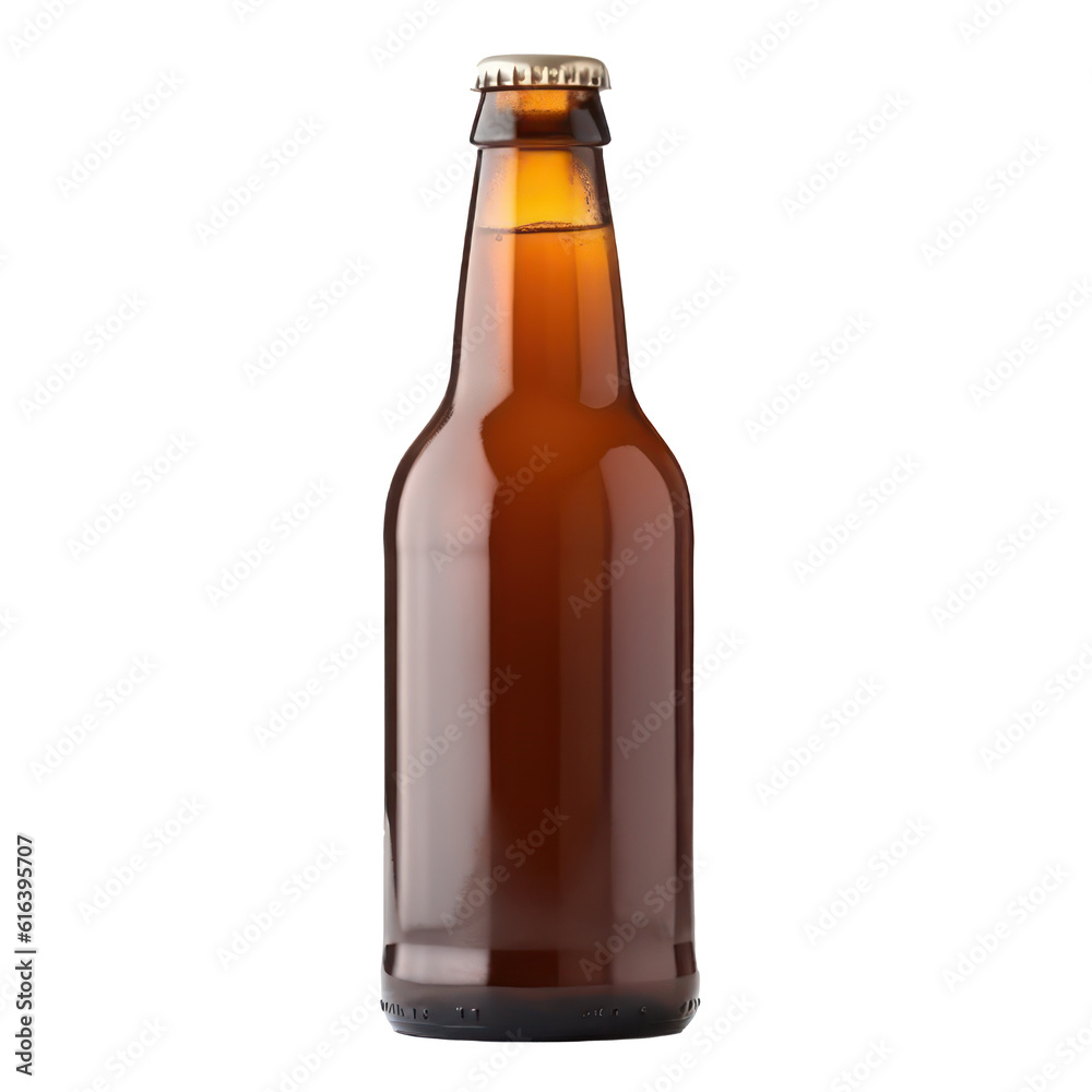 Beer in a brown bottle isolated on transparent background. Generative AI.