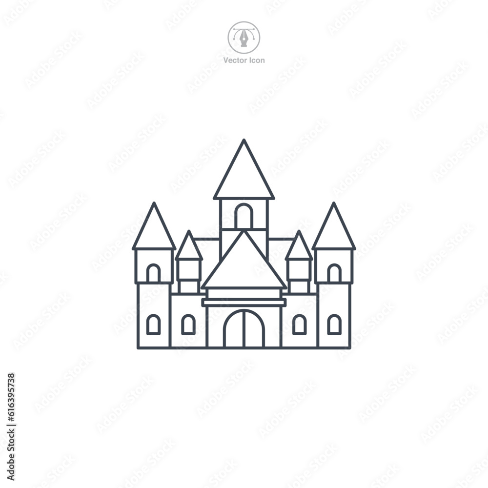 Castle icon vector displays a stylized medieval fortress, symbolizing history, royalty, fortification, heritage, and fairy-tale themes