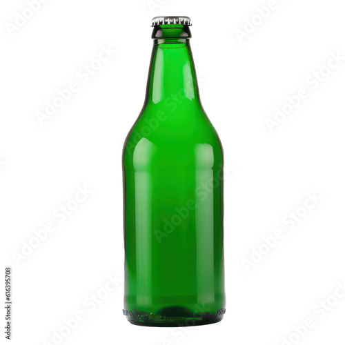 Beer in a green bottle isolated on transparent background. Generative AI.