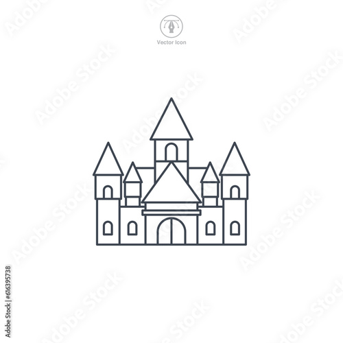 Castle icon vector displays a stylized medieval fortress, symbolizing history, royalty, fortification, heritage, and fairy-tale themes