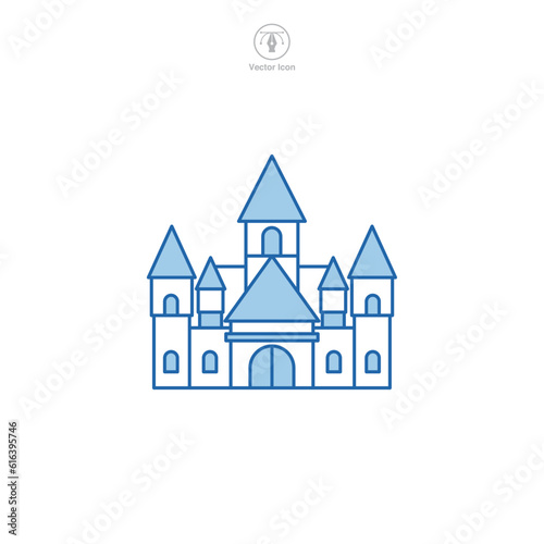 Castle icon vector displays a stylized medieval fortress, symbolizing history, royalty, fortification, heritage, and fairy-tale themes