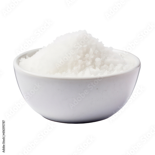 Coarse sea salt in white bowl isolated on transparent background. Generative AI.