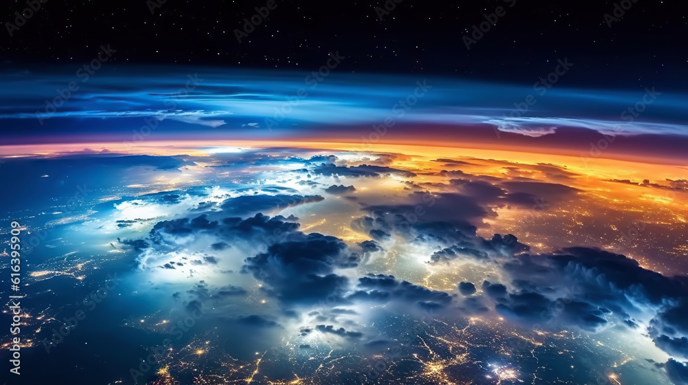 Panoramic view on planet Earth globe from space. Glowing city lights, light clouds. Generative AI Panoramic view on planet Earth globe from space. Glowing city lights, light clouds. Generative AI