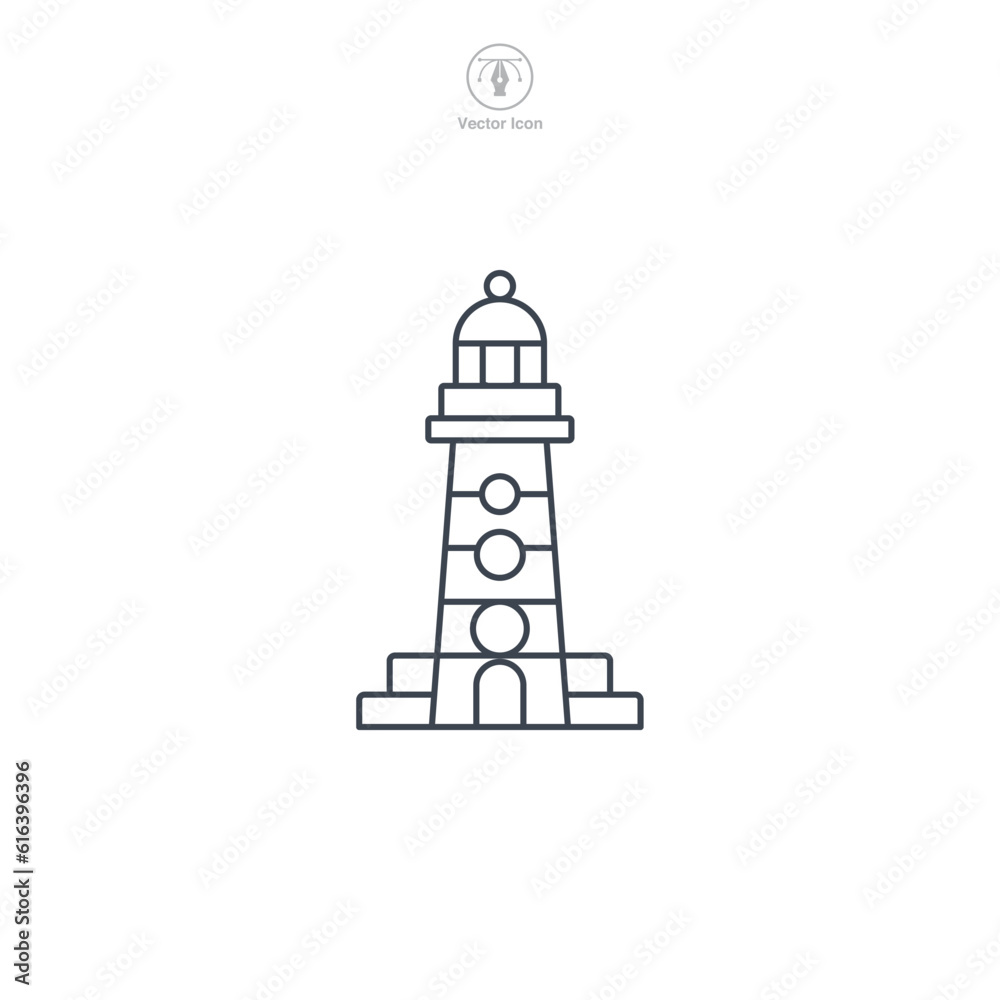 Lighthouse icon vector shows a stylized beacon, signifying navigation, safety, maritime guidance, coastline, and sea exploration