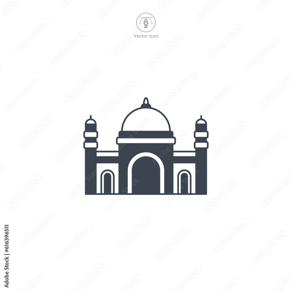 Mosque icon vector depicts a stylized Islamic place of worship, symbolizing Islam, prayer, faith, spirituality, and Muslim community