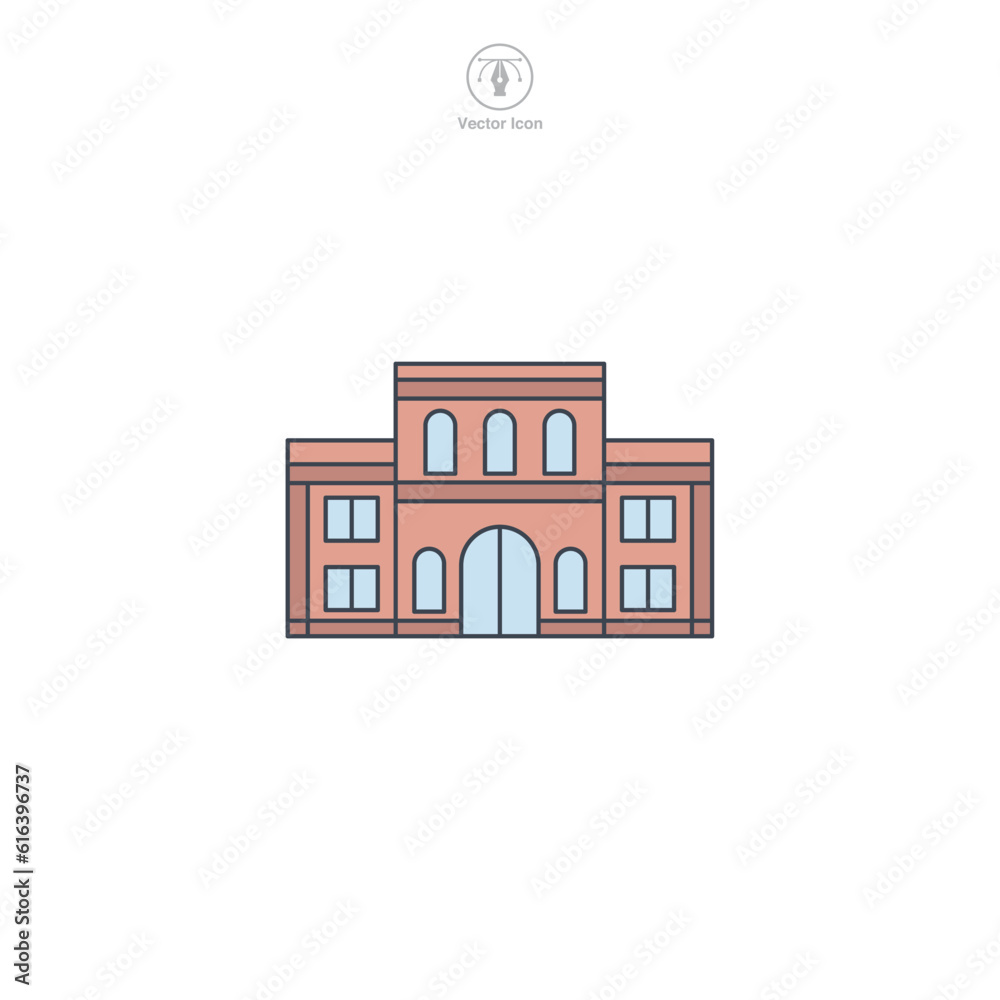 School icon vector portrays a stylized educational institution, signifying learning, education, academia, knowledge, and student life