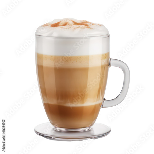 Latte coffee in a transparent glass cup isolated on transparent background. Generative AI.