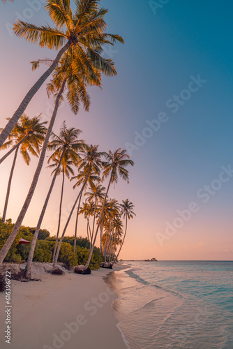 Fototapeta Naklejka Na Ścianę i Meble -  Palm trees on sandy island close to ocean. Beautiful bright sunset on tropical paradise beach, relaxing coastal landscape. Exotic scene, closeup sea waves. Evening colorful sky, peaceful seascape