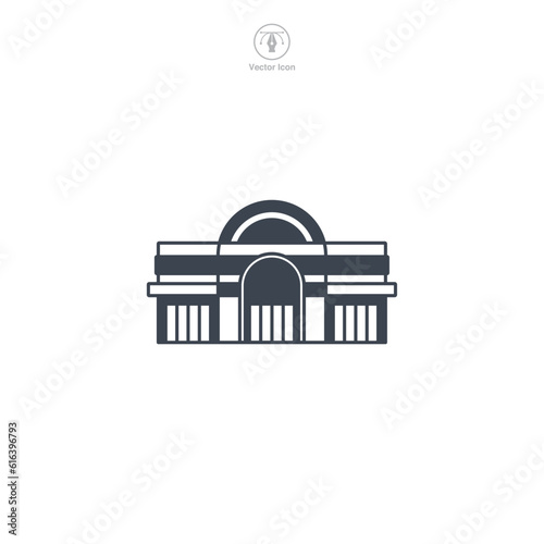 Shopping Mall icon vector illustrates a stylized retail complex, embodying shopping, commerce, consumerism, variety, and entertainment