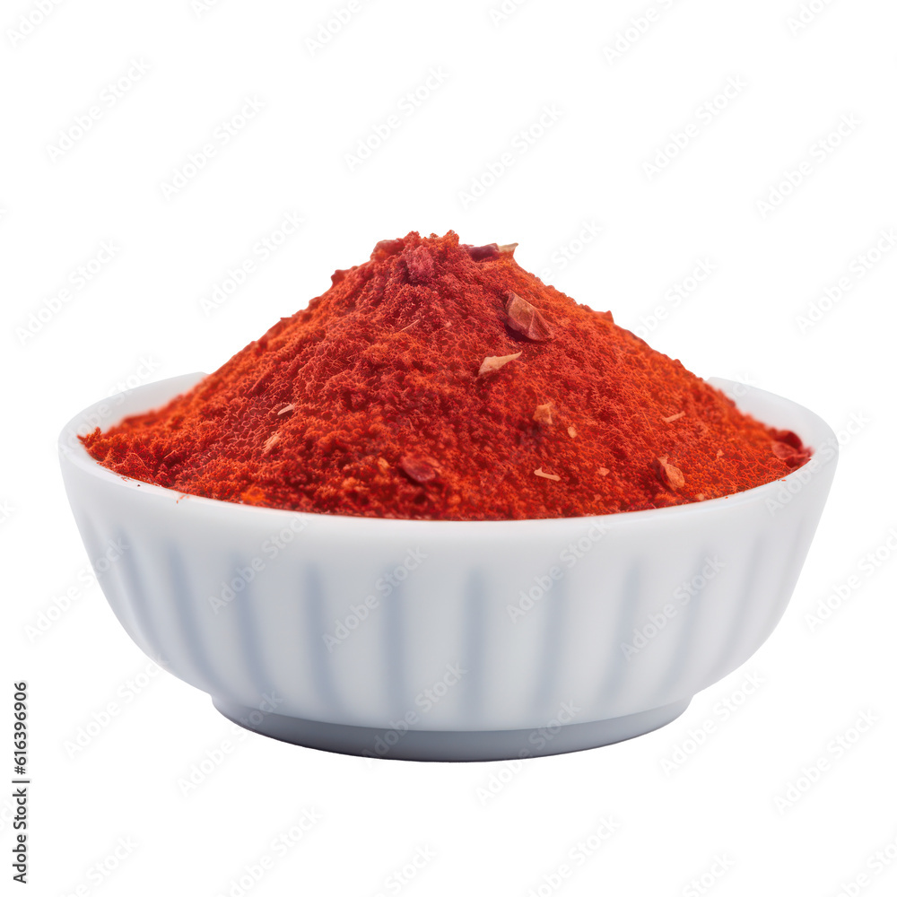 Ground red pepper in white bowl isolated on transparent background