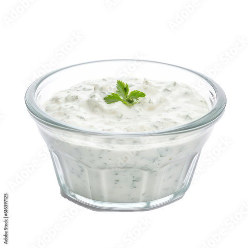 Tartar sauce in glass bowl isolated on transparent background. Generative AI.