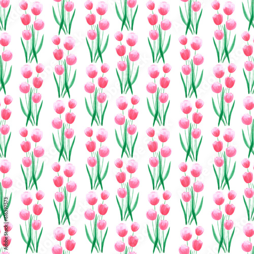 Hand drawn watercolor pink tulips seamless pattern on white background. Can be used for fabric, textile, gift-wrapping.