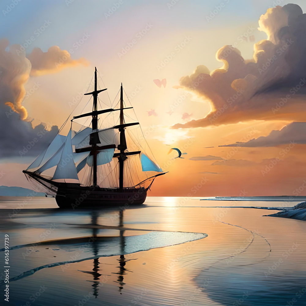 Obraz premium sailing ship at sunset