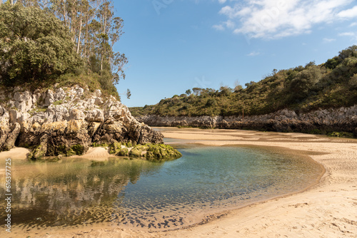 Panoramic view of Guadamia beach on the coast of tourist Asturias, golden sand and turquoise sea water surrounded by lots of vegetation at high tide on a sunny day.