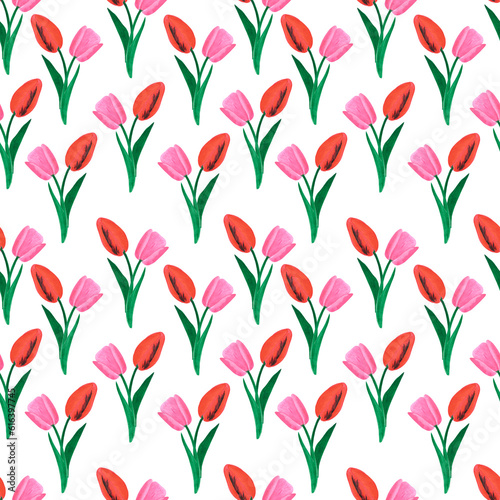 Hand drawn watercolor pink and red tulips seamless pattern on white background. Can be used for fabric  textile  gift-wrapping.