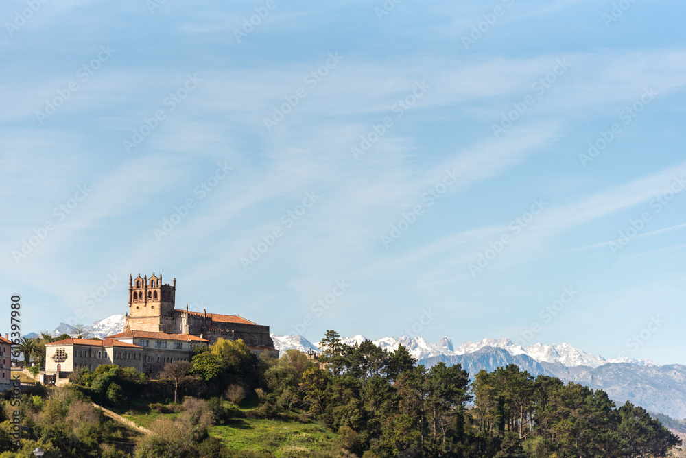 Panoramic view of the medieval castle of the tourist village of San Vicente de la Barquera in Cantabria, situated high in the mountains surrounded by and Picos de Europa.