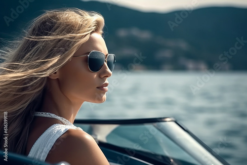 Beautiful blonde woman standing in a luxury speedboat, exuding the elegance and glamour of a model and luxury lifestyle on a sunny summer day.
