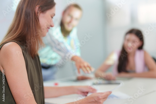 Coworkers discussing business ideas. People working in team