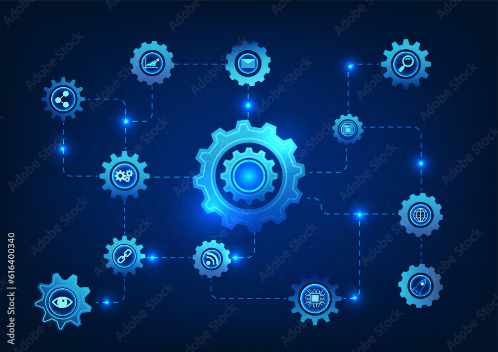 Cog technology background Multiple sizes with technical icons It conveys the propulsion of technology, helping the development of science, industry, and new businesses. Let the economy and people grow
