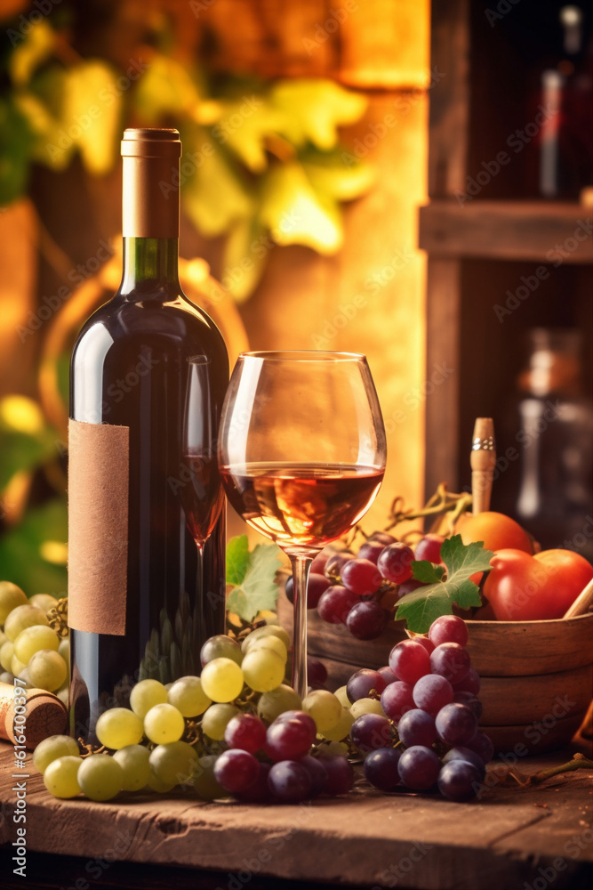 glass background drink winery alcohol wine bottle food grape table beverage. Generative AI.